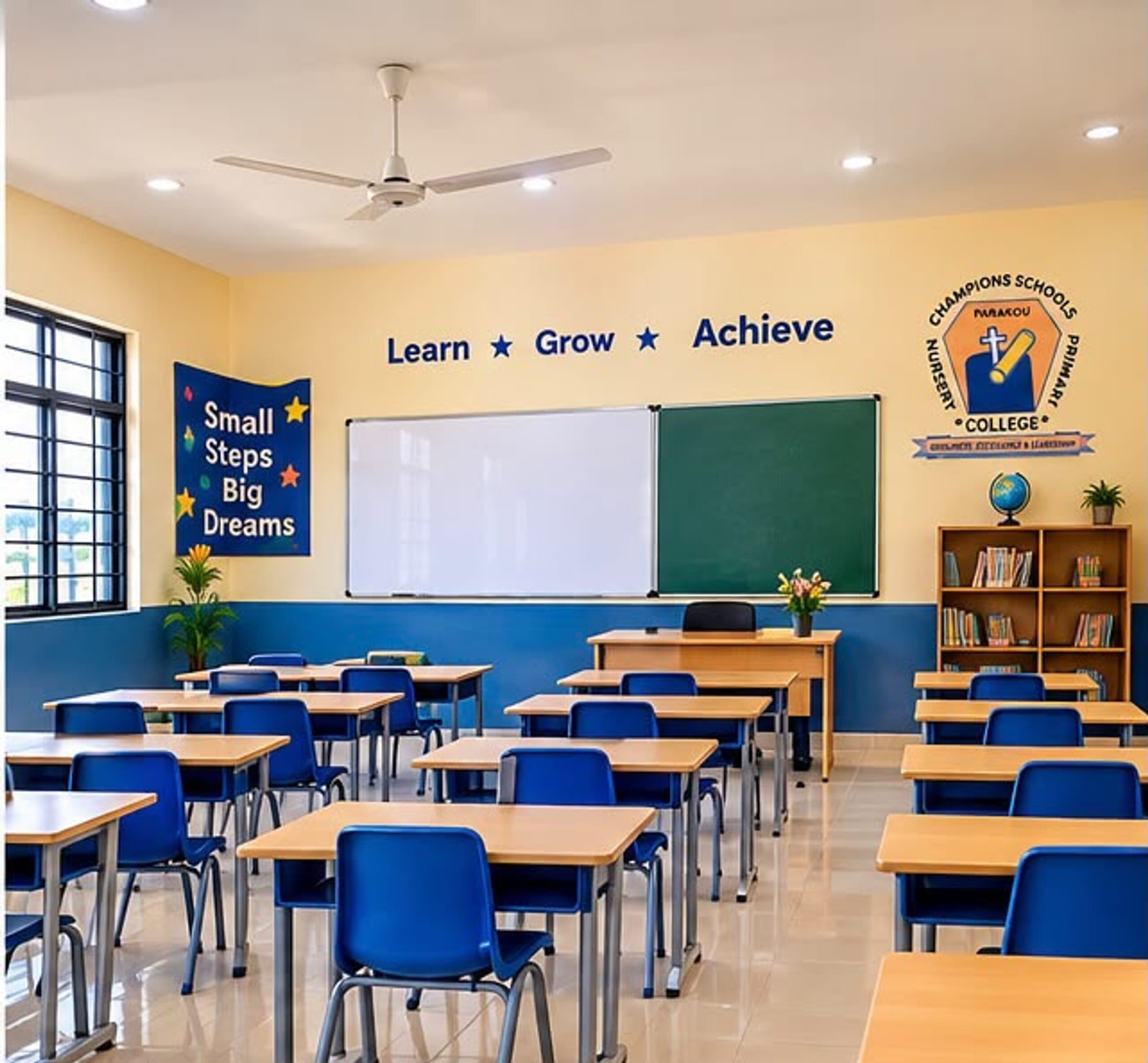 Projet du futur campus : une salle de classe avec des rangées de pupitres, un tableau blanc et un tableau noir, l’inscription murale « Learn Grow Achieve » et l’emblème de l’école au-dessus de l’étagère.