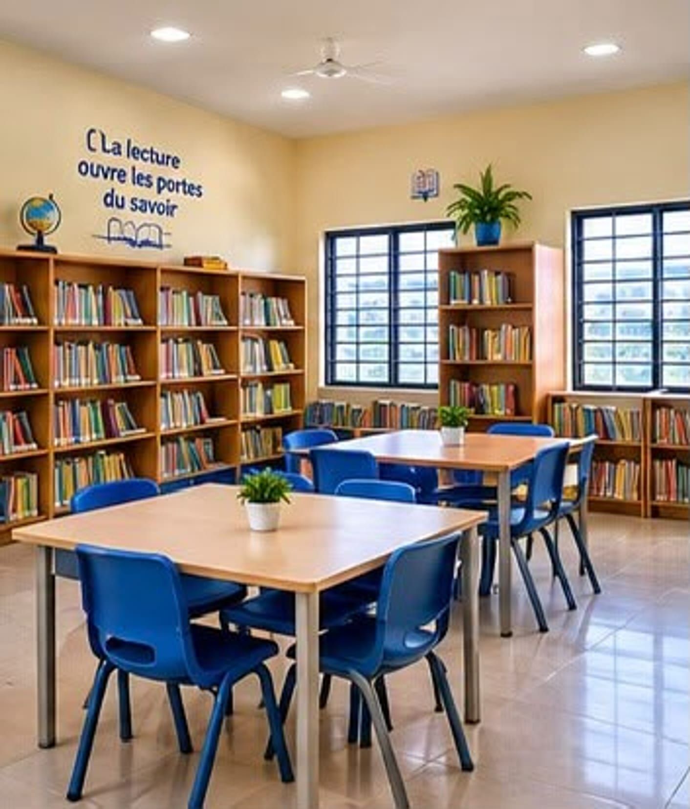 Projet du futur campus : une bibliothèque avec des tables, des chaises bleues et des rayonnages sur toute la longueur du mur, portant l’inscription « La lecture ouvre les portes du savoir ».