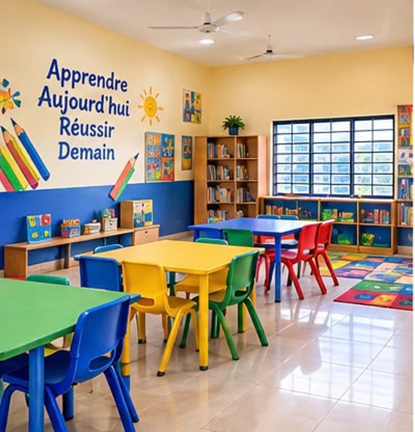 Projet du futur campus : une salle de maternelle avec tables et chaises basses colorées, un tapis de lecture, des étagères basses et l’inscription murale « Apprendre Aujourd’hui Réussir Demain ».